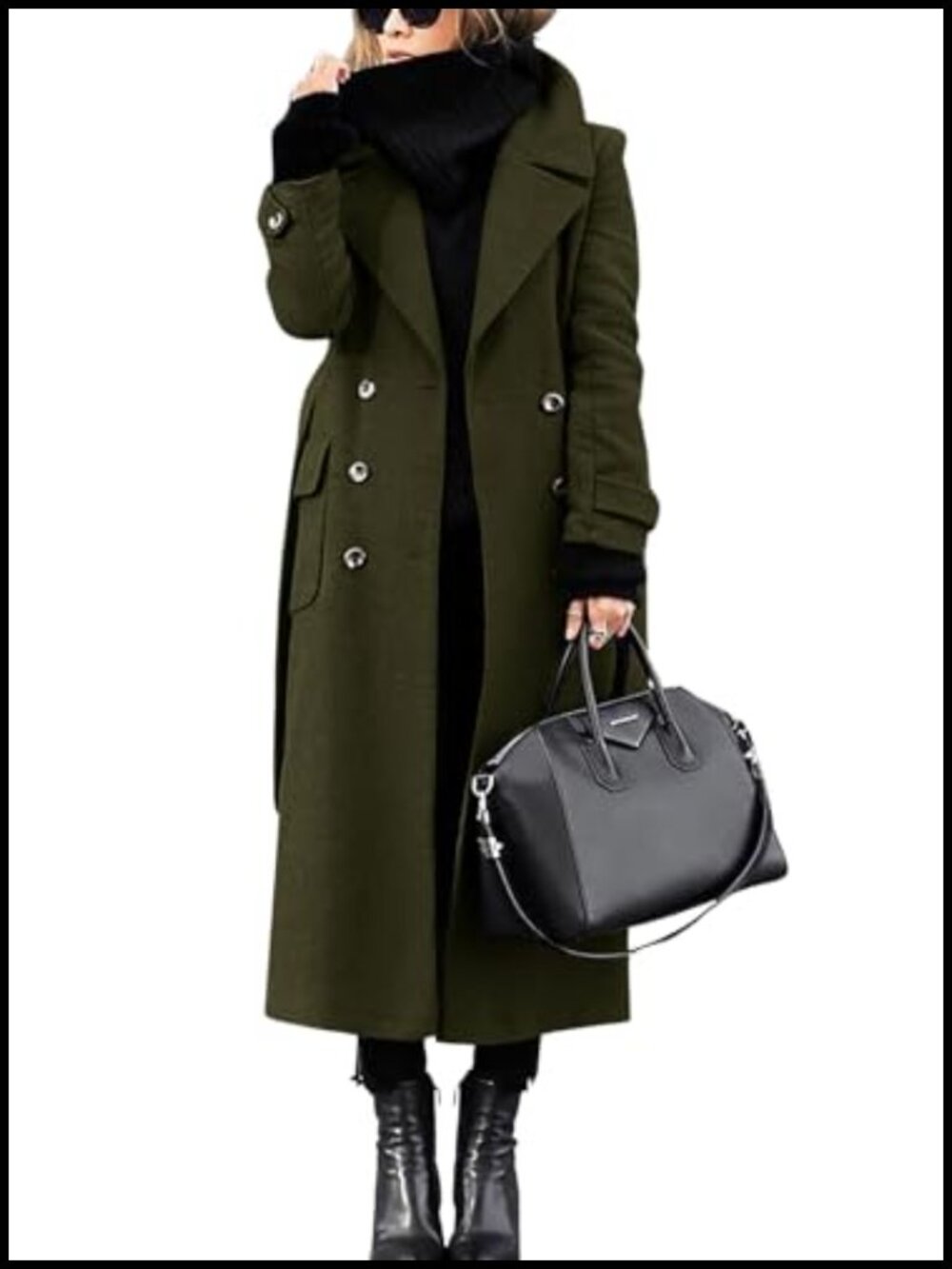 Wool Blend Pea Coat Double Breasted Belted Midi Winter Overcoat